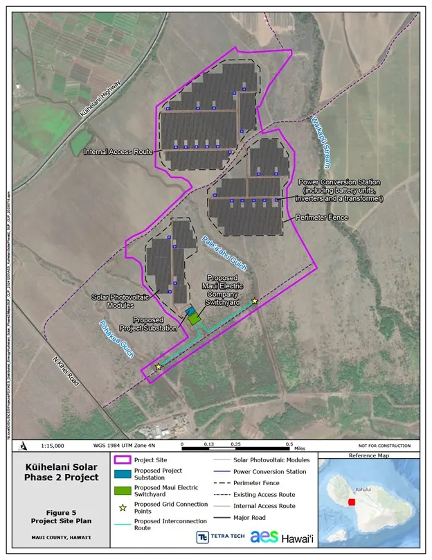 Site plan of the Kūihelani Solar Phase 2 Project in Maui County, showing solar modules, substation, power conversion station, access routes, and grid connection points within a purple-outlined boundary